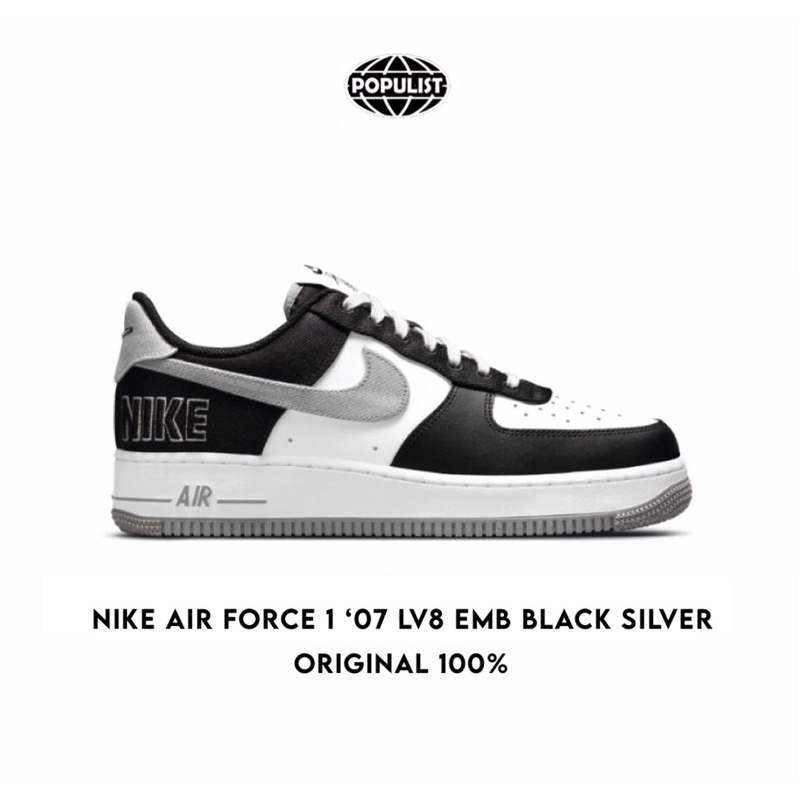 Nike Air Force 1 Low Emb Black Silver 100% Original Resmi