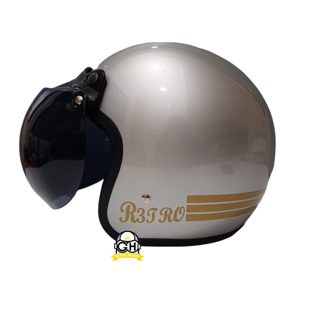 HELM BOGO CLASSIC SILVER GARIS RETRO MOTOR DEWASA SNI FREE KACA CEMBUNG