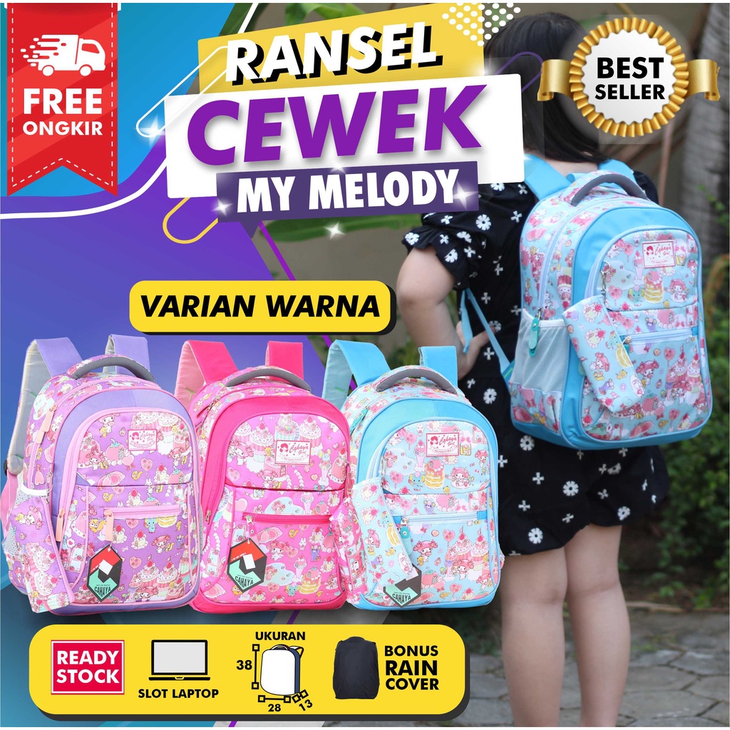 Tas Ransel Permpuan SD Bonus Tempat Pensil Jas Hujan Tas Tas Anak Perempuan My Melody Princess Unicon Cute BONUS Raioncover Jas Hujan Cute TK SD Ransel Gendong Cewek Cantik Gambar Kartun Lucu Imut Keren Murah Awet