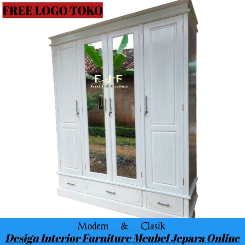 Lemari Pakaian Putih 4 Pintu Kaca Minimalis Meubel Jepara