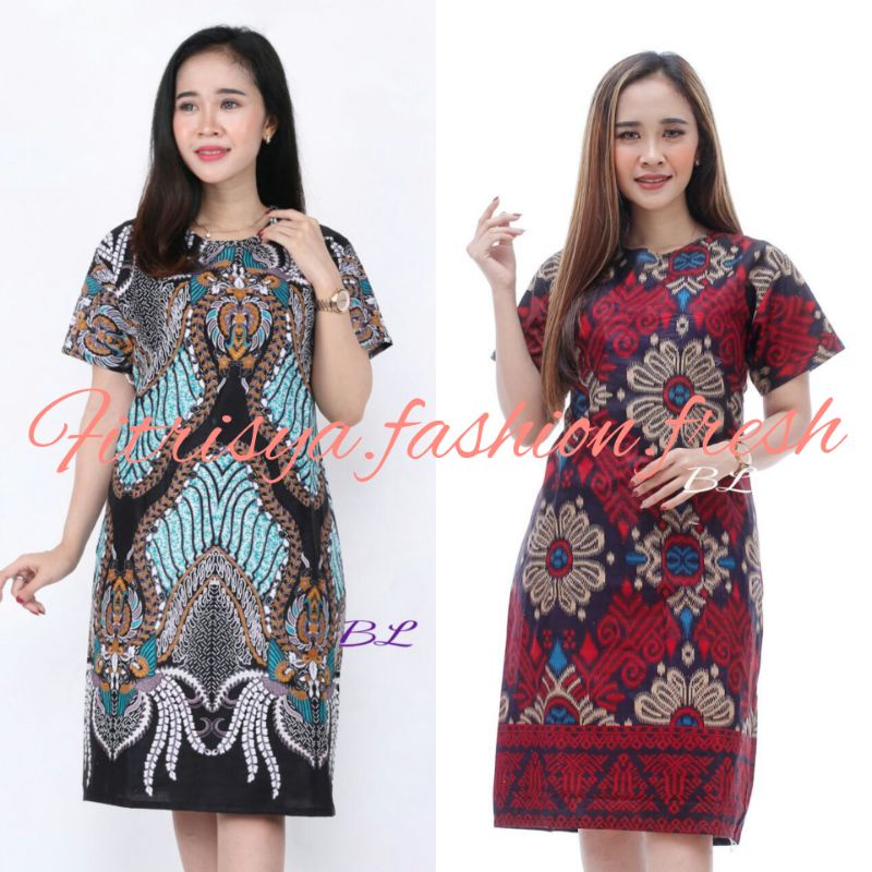 TUNIK DRESS BATIK WANITA JUMBO XXXXL / 4L LENGAN PENDEK MOTIF KECUBUNG KOMBINASI MODEL BARU MURAH