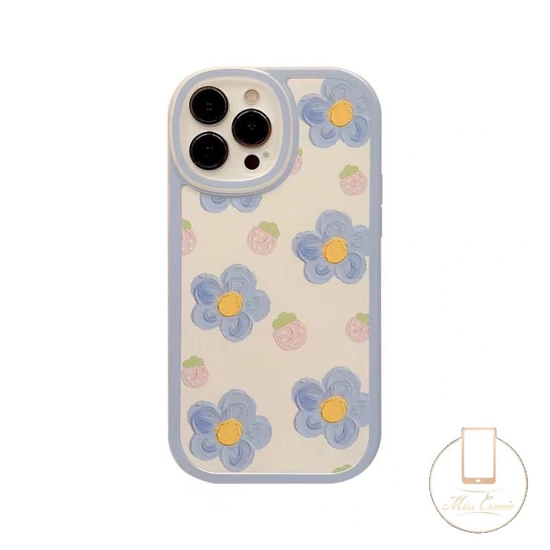 IPHONE Ins Lukisan Cat Minyak Pola Bunga Biru Kompatibel Untuk Iphone11 12 13 14 Pro Max7 8 6 6s Plus XS X XR XS Max SE 2020lembut Tpu Musim Panas Strawberry Shockproof Pelindung Kamera Back Case