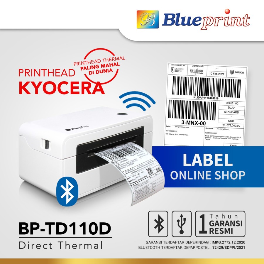 PRINTER BARCODE THERMAL BLUEPRINT TD110D USB BLUETOOTH - LABEL RESI A6