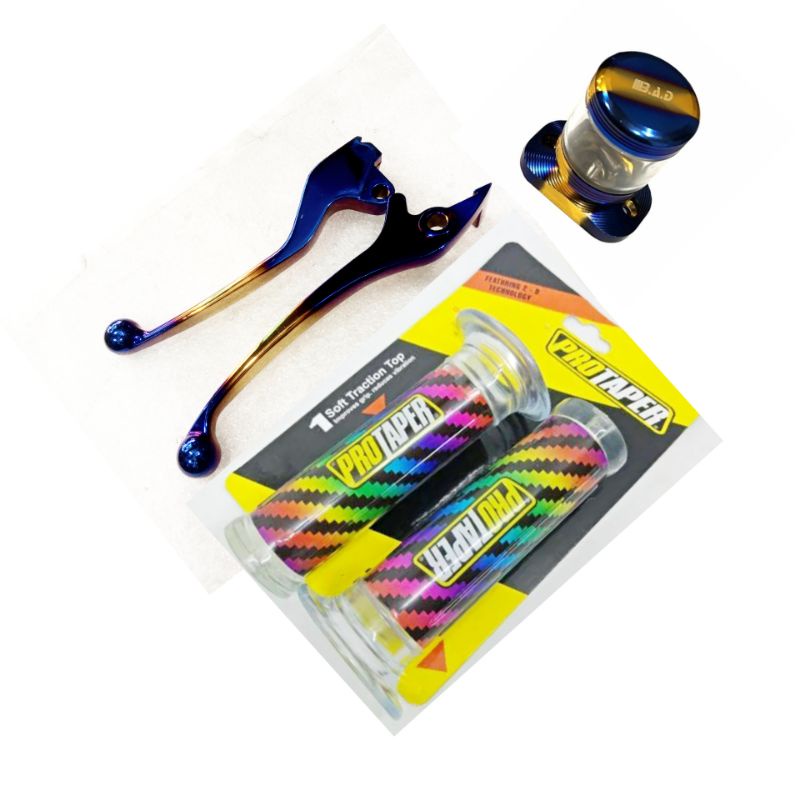 Sepaket handle handel hendel tuas rem + hanfat handgrip grip pelangi + tutup minyak rem stempel two 