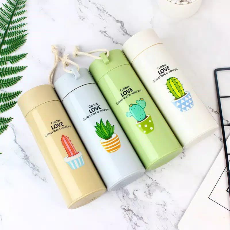 Botol Kaca Motif Kaktus 450ml / Botol Minum Desain Lucu dan Menarik dengan Tali Praktis Mudah Dibawa