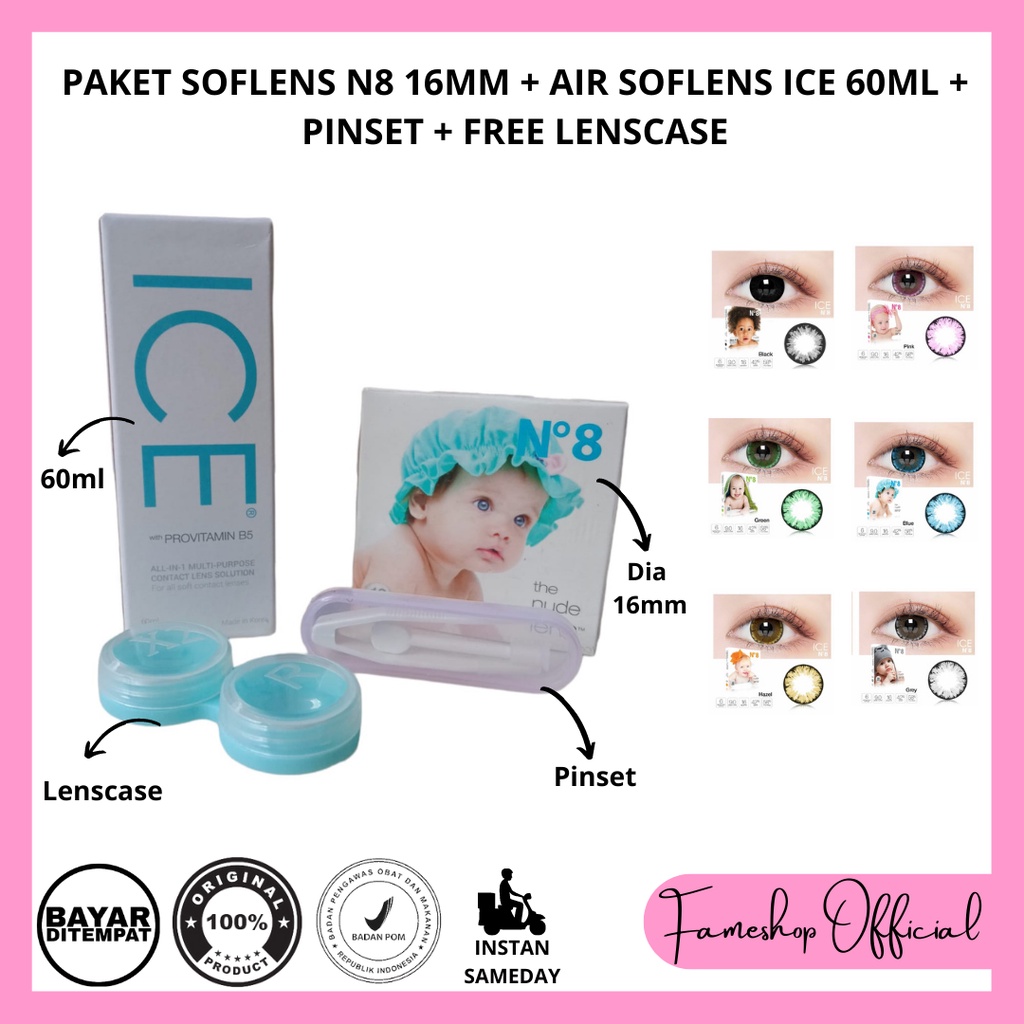 PAKET SOFTLENS N8 DIA 16MM + CAIRAN ICE 60ML + PINSET + LENSCASE / COD INSTAN SAMEDAY / LENSA KONTAK / PAKET MURAH