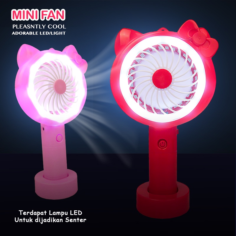 Kipas angin genggam portable stand mini led karakter hello kitty doraemon minion free baterai dan kabel casan