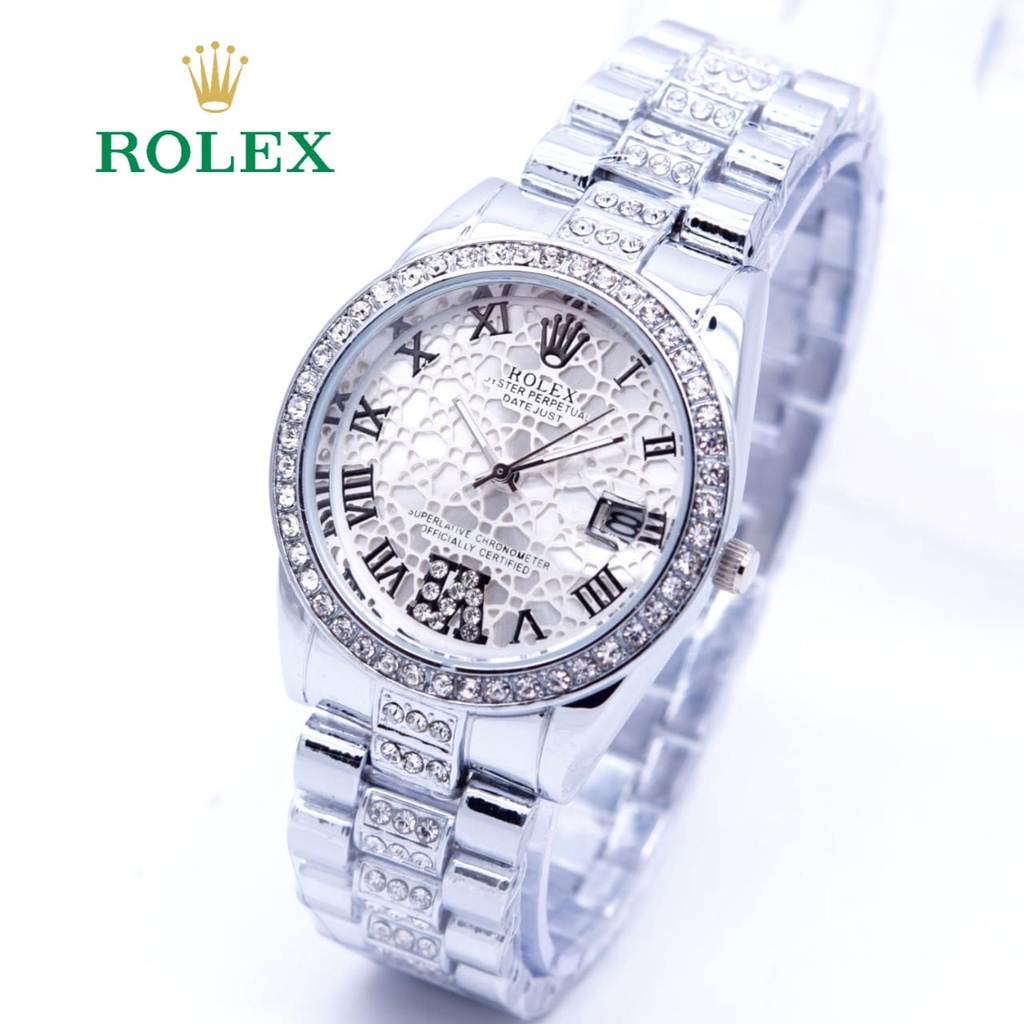 JAM TANGAN WANITA ROLEX RANTAI STAINLESS ROMAWI DIAMOND TANGGAL AKTIF FREE BOX DAN BATERAI || JAM TANGAN FASHION CEWEK MURAH JAM ROLEX