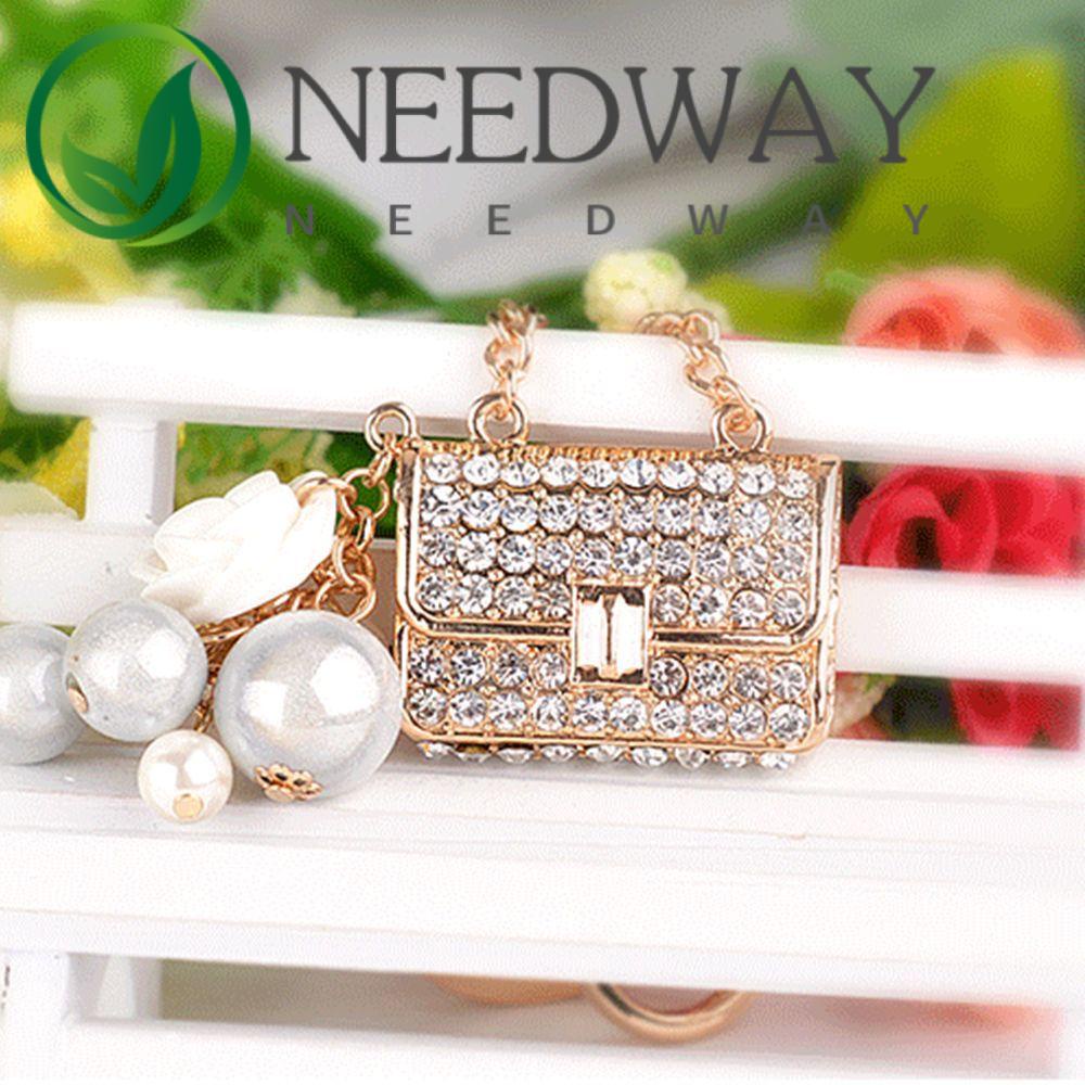 Needway  Trendy Handbag Women Jewelry Key Chains Gold 15cm Rhinestone Alloy Charming Crystal Purse/Multicolor