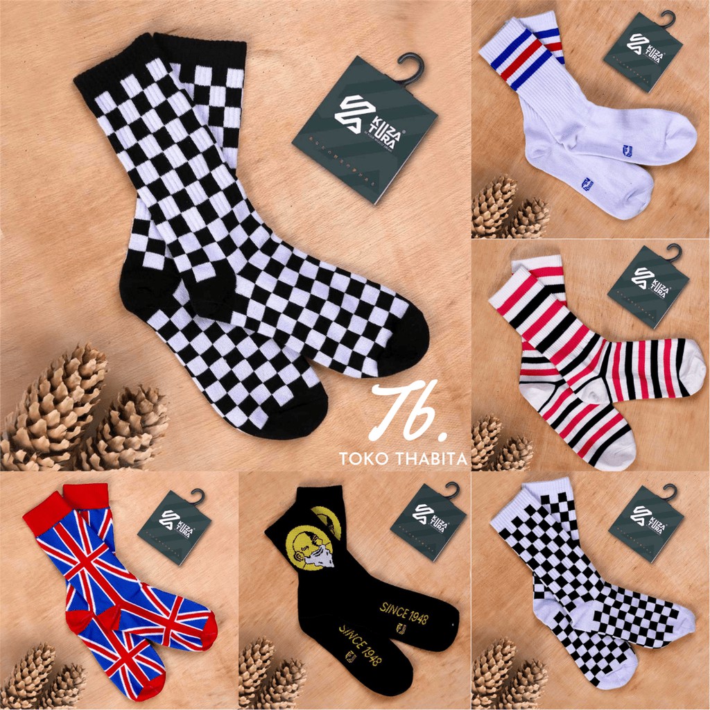 Kaos Kaki Panjang Pria Distro Kuzatura Skate Papan Catur Motif Garis Hitam Putih Catur Inggris