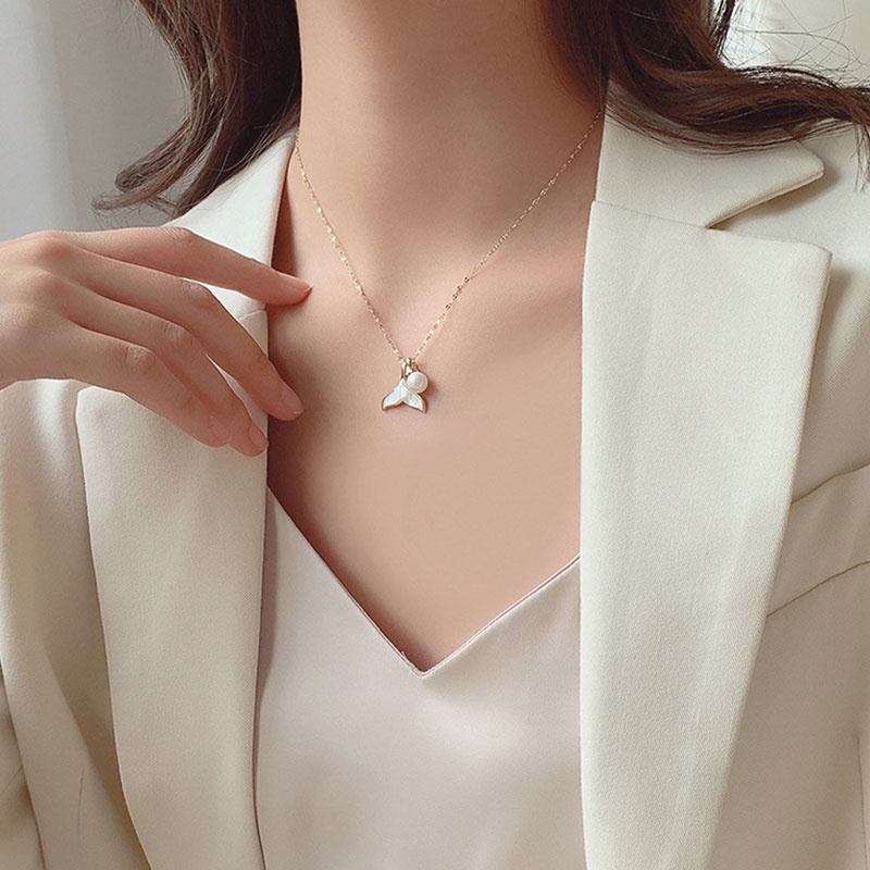 XiaoboACC Kalung Rantai Liontin Ekor Ikan Bahan Titanium Steel Lapis Emas 14k Untuk Wanita 40CM+5CM