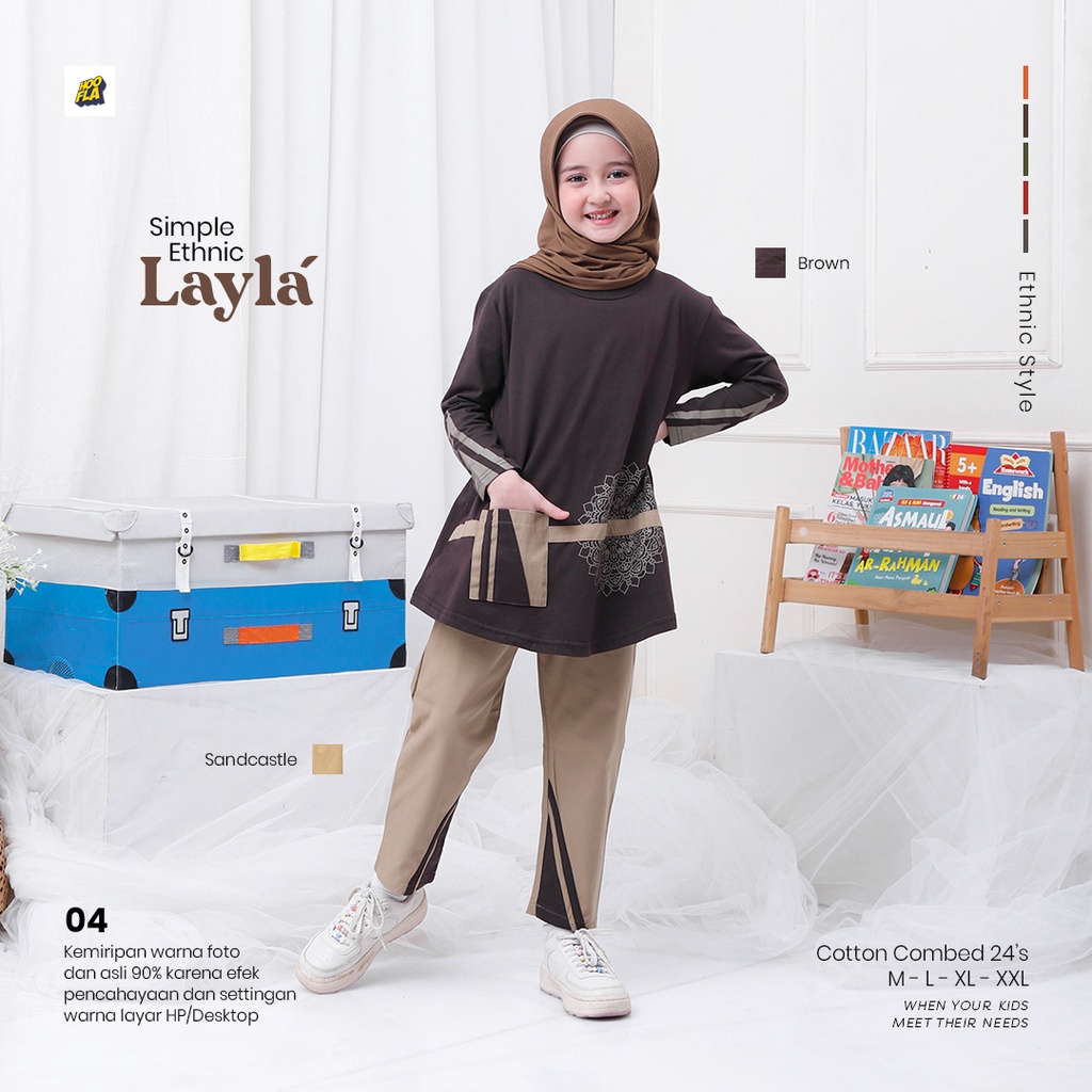 Hooflakids Baju Setelan Anak Perempuan Tanggung Atasan dan Bawahan Simple Ethnic Qais Untuk Usia 5 sampai 12 tahun