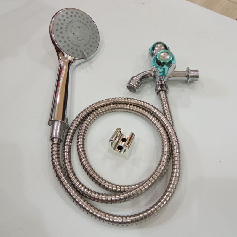 PAKET Hand shower Bonus Kran Cabang - Keran Double Bagus Handel Bulat Warna