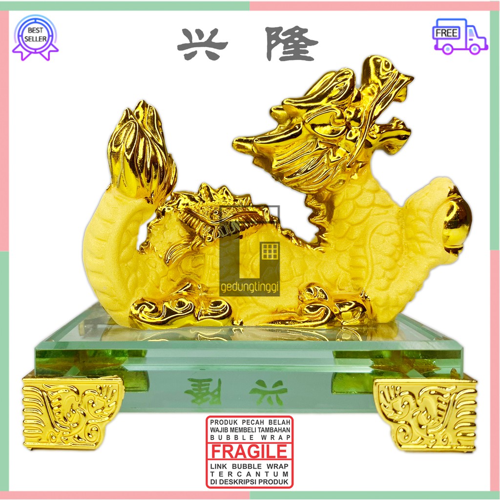 Pajangan Patung Hiasan Imlek 12 Shio Naga Dragon Liong Emas Gold Resin Hoki Rejeki Fengshui Kecil