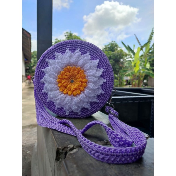 Tas Rajut Selempang Slingbag Shoulder Bag Bunga Aster Daisy Bag Lilac