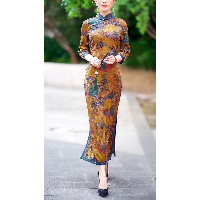 National style retro improved cheongsam dress women's 2021 autumn new middle-aged and elderly mother