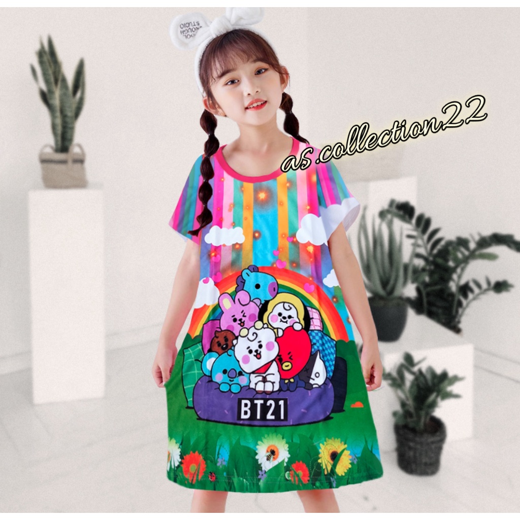 DRESS FULL PRINT DASTER ANAK MOTIF BTS21 5-10 TAHUN