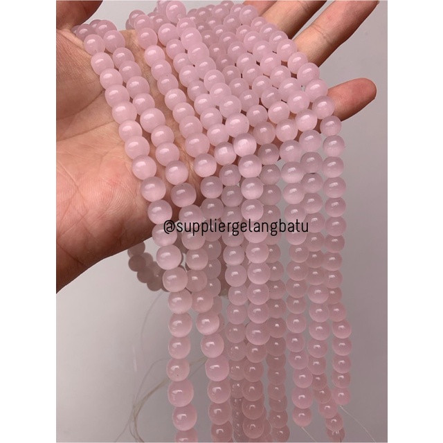 Bahan renceng kalung Gelang pink cat eye 8mm mata kucing akik langka