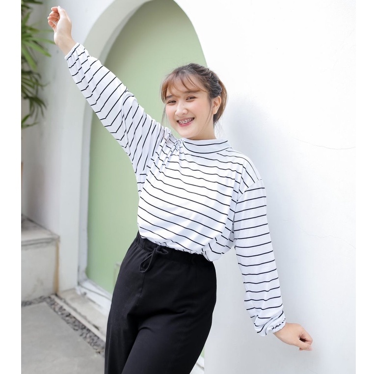 Kaos Stripe Salur Baju Wanita Garis Lengan Panjang Upneck