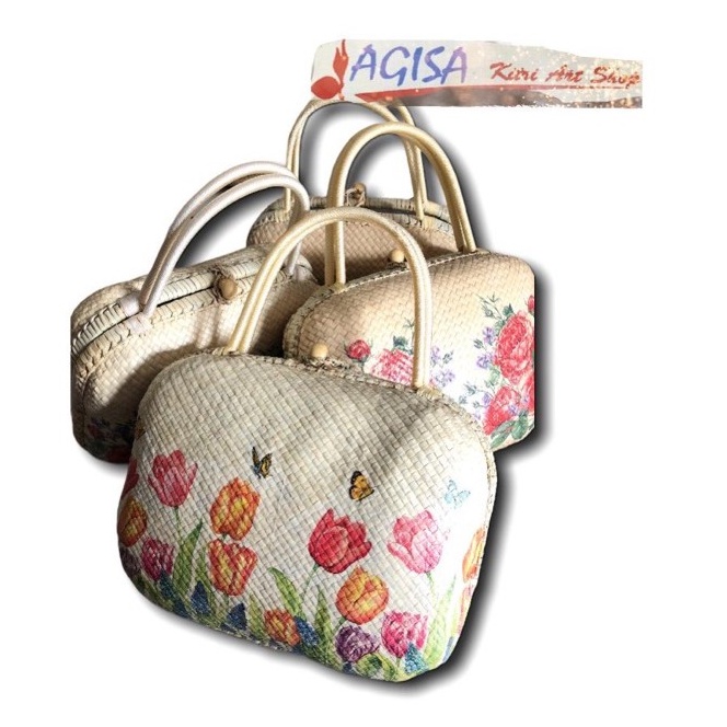 Tas anyaman pandan decoupage /tas kerajinan pandan/tas bantal pandan hias