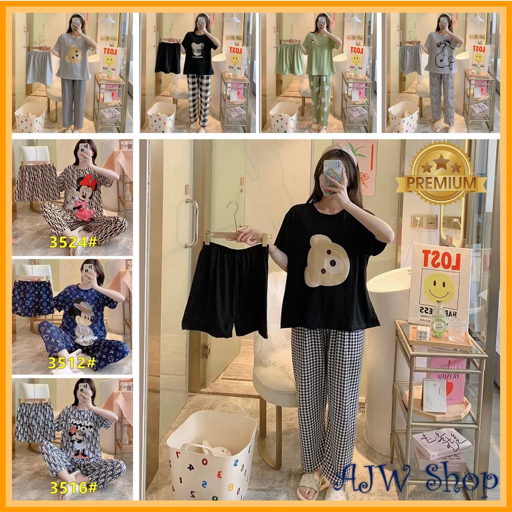 AJW Shop Piyama 3 in 1 | Piyama Lengan Pendek | Baju Tidur Impor | Baju Tidur 3in1-1
