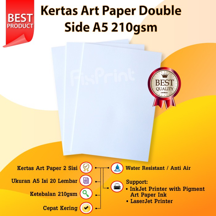 Kertas Art Paper Double Side A5 210gsm, Kertas Art Paper Printer A5 20Pcs / pak