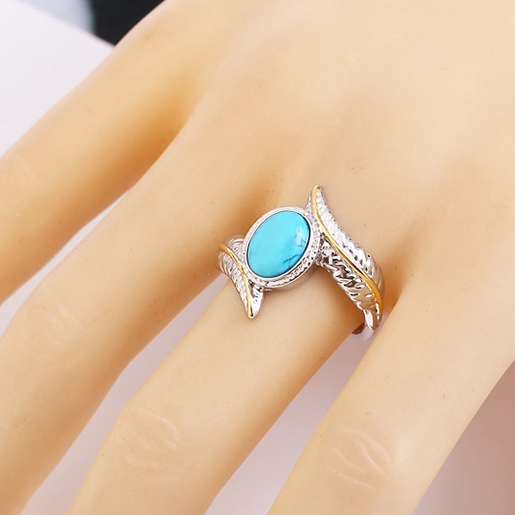 Hu Hu Hu Hu Hu Alat Bantu Pasang Kacamata♡ Cincin Vintage Bentuk Bulu Bahan Alloy Hias Batu Turquoise Untuk Pasanganpriawanita