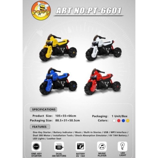 MAINAN MOTOR ANAK PACIFIC PT 6601 CHARGING