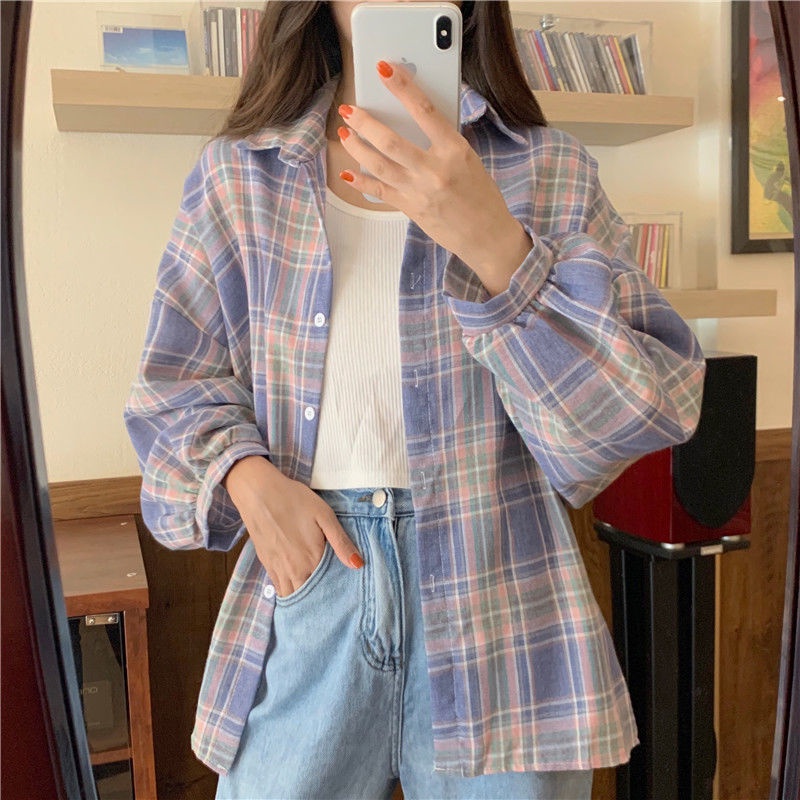 kemeja wanita Korea plaid shirt oversize retro panjang lengan semua pertandingan-539Ungu