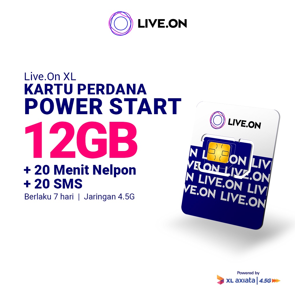 Kartu Perdana Live.On Power Start 12GB (7 hari) Jaringan 4.5G Gratis 20 Menit Nelpon + 20 SMS