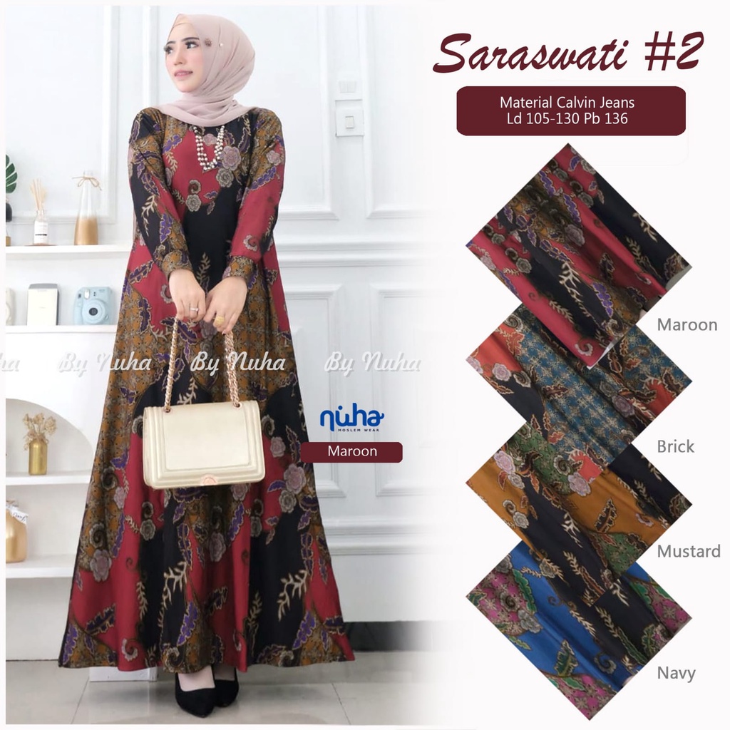 Saraswati Baju Gamis Harian Calvin Jeans Jumbo Ld 120 130 Gamis Big Size XXXL Motif Etnik Adem Premi