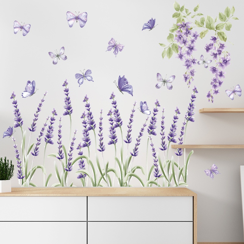 2pcs / set Stiker Dinding Motif Lavender Ungu Romantis Untuk Dekorasi Kamar Tidur / Ruang Tamu