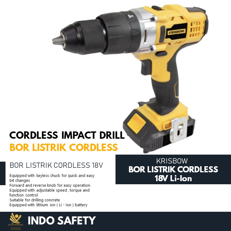 BOR LISTRIK CORDLESS/NIRKABEL/TANPA KABEL 18 V KRISBOW
