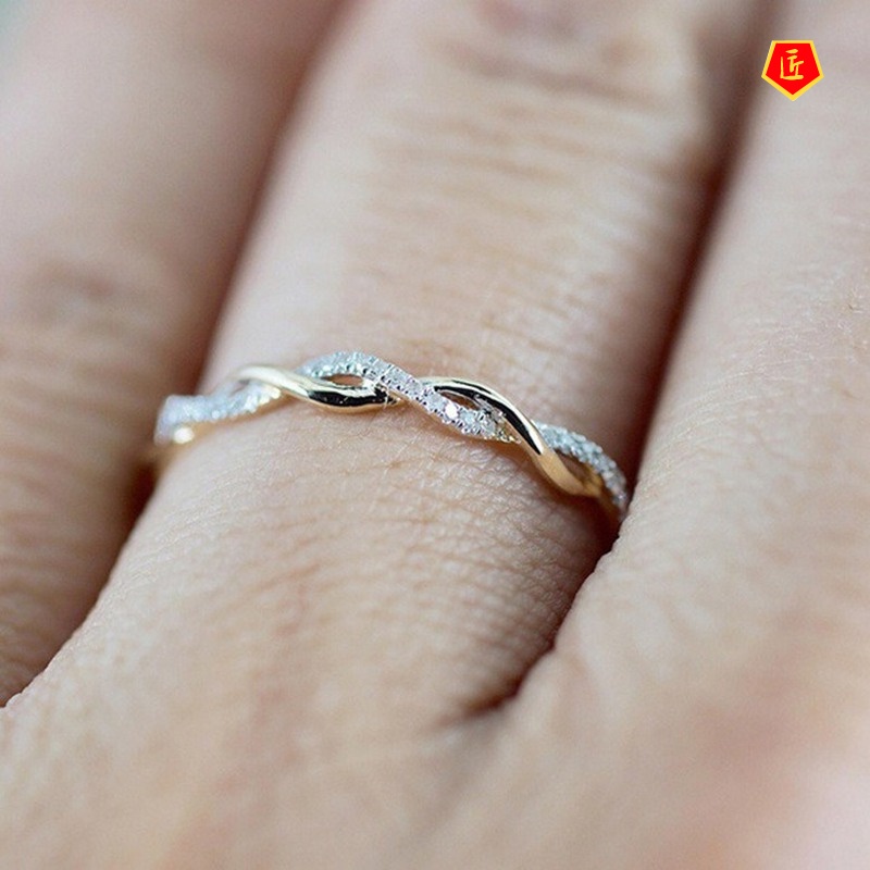 [Ready Stock]Twisted String Ring 18K Gold Micro Diamond Simple Personality