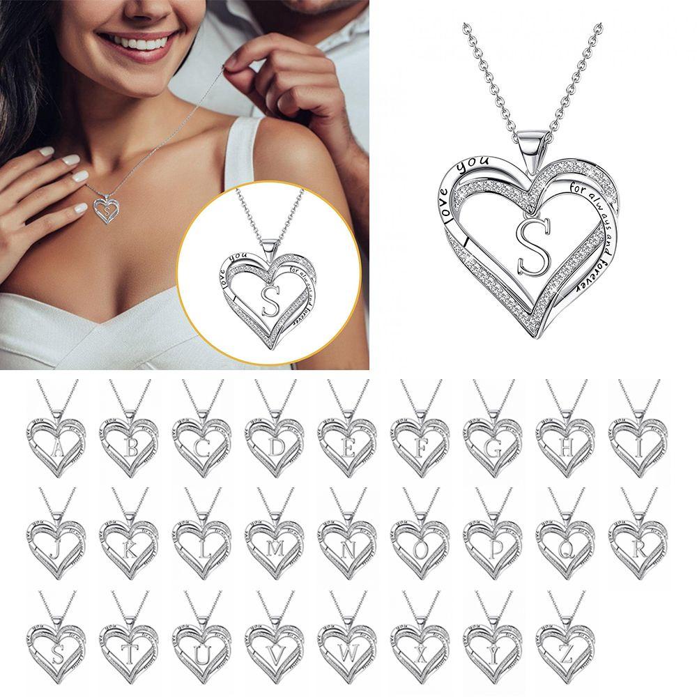 Kalung Hati Nanas Untuk Wanita Hadiah Dainty Inisial Cubic Zirconia Silver Plated Heart Pendant Necklace