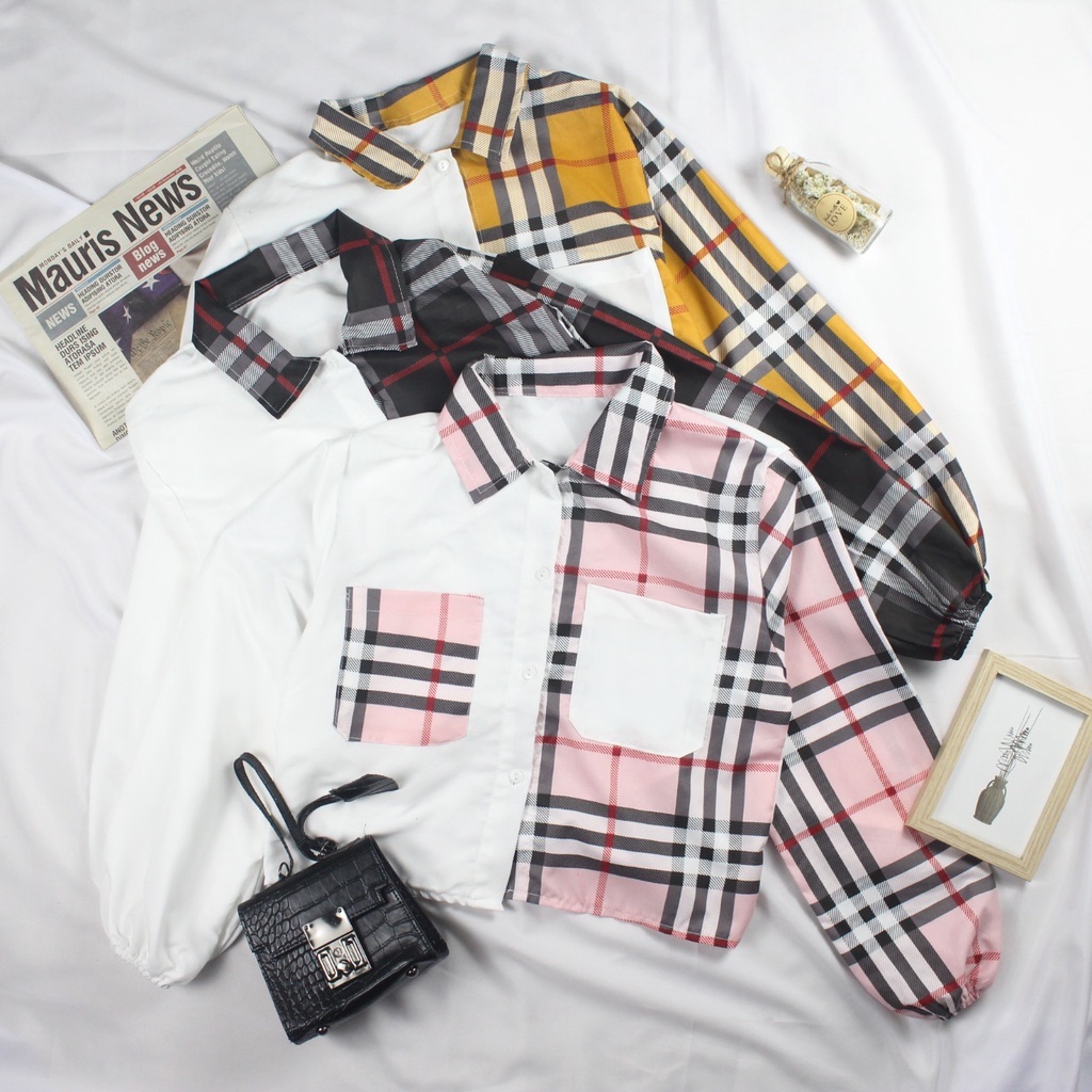 RX Fashion - Mika Crop Top Blouse // Shirt Top Tartan Two Tone // Kemeja Olive ( SPECIAL SALE - GRATIS ONGKIR )  - GA-2