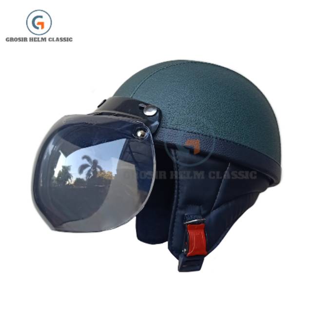 Helm chips hijau army kombinasi kaca cembung/helm retro/helm/helm klasik kaca cembung/helm kulit