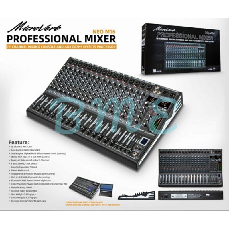 MIXER AUDIO MICROVERB NEO M16 16CH USB-BLUETOOTH RECORDING-SOUND CARD