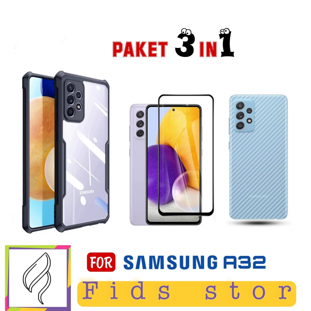 Promo 3in1 Case Samsung Galaxy A32 4G Softcase Transparan Free Tempered Glass &amp; Garskin Carbon