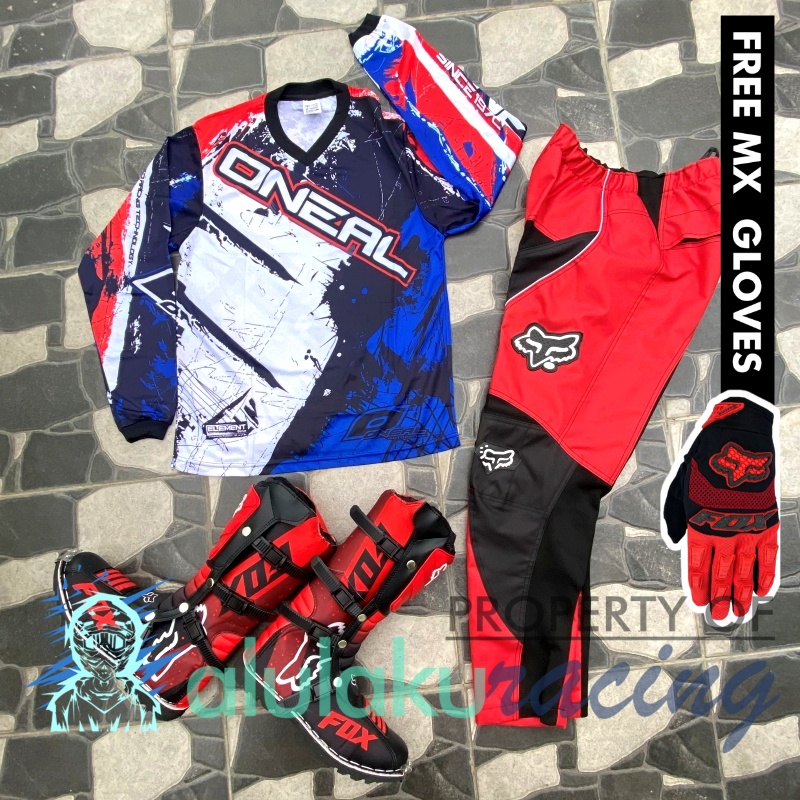 Jersey, Celana, Sarung Tangan &amp; Sepatu Fullprint with Protectors Fullset MX Trail Motocross - Paket Bundling ONCTFG050303-F43