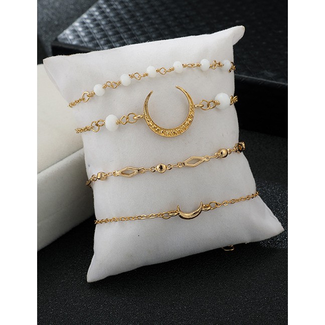 LRC Gelang Tangan Fashion Gold Alloy Chain Rice Beads Horns Crescent 4 Layer Bracelet D09310