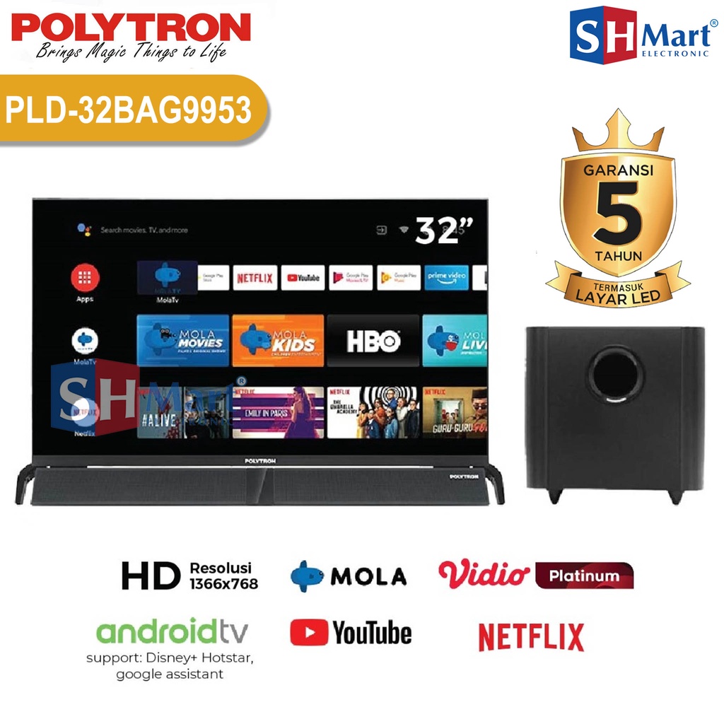 TV POLYTRON 32 INCH SMART ANDROID MOLA PLD-32BAG9953 / 32BAG9953 GARANSI RESMI