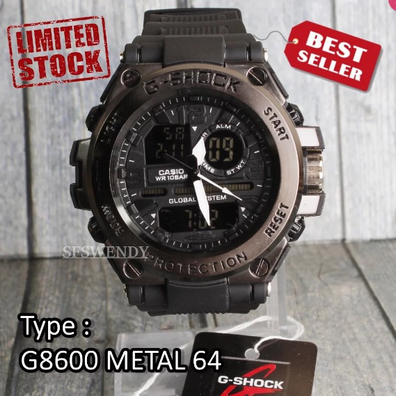 Jam Tangan G Shock Pala Besi Metal G-8600 Full Black Hitam Strap Rubber Motif Rantai
