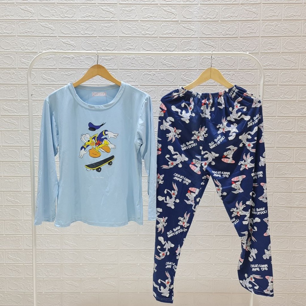 3526 kaos pajamas long blue donald one set import big baju tidur