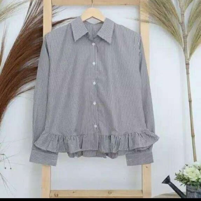 Kemeja Viona/ Atasan Wanita Motif Salur/ Kemeja Model Trendy Kekinian