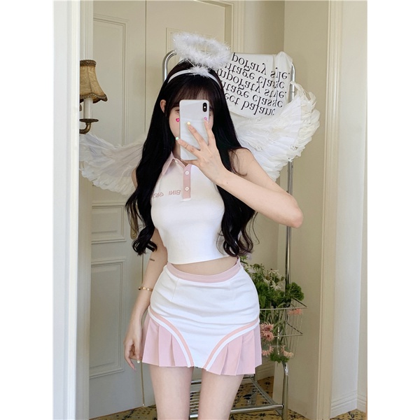 polo kerah tanpa lengan rompi T-shirt wanita in trendi musim panas bordir manis gadis panas ketat se