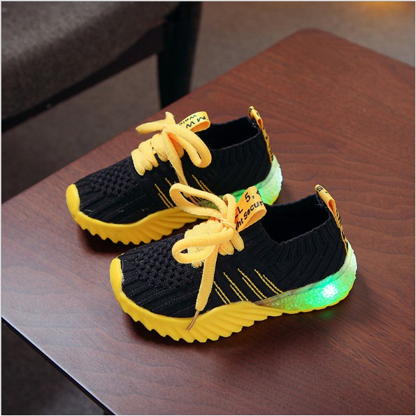 [Size 21-30]  WILL Breathable Sneakers Fashion Kids Shoes dengan Lampu LED Sepatu Anak Casual Shoes-Black
