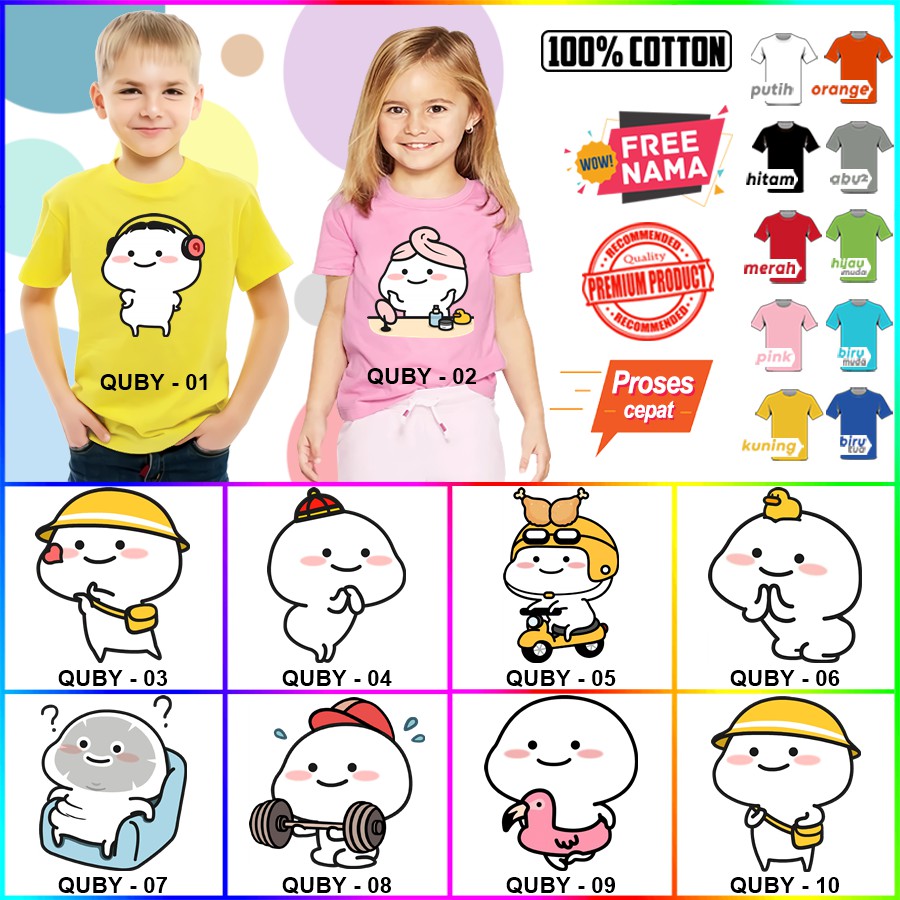 Baju Kaos ANAK DAN DEWASA QUBY / PENTOL COUPLE (FREE NAMA)