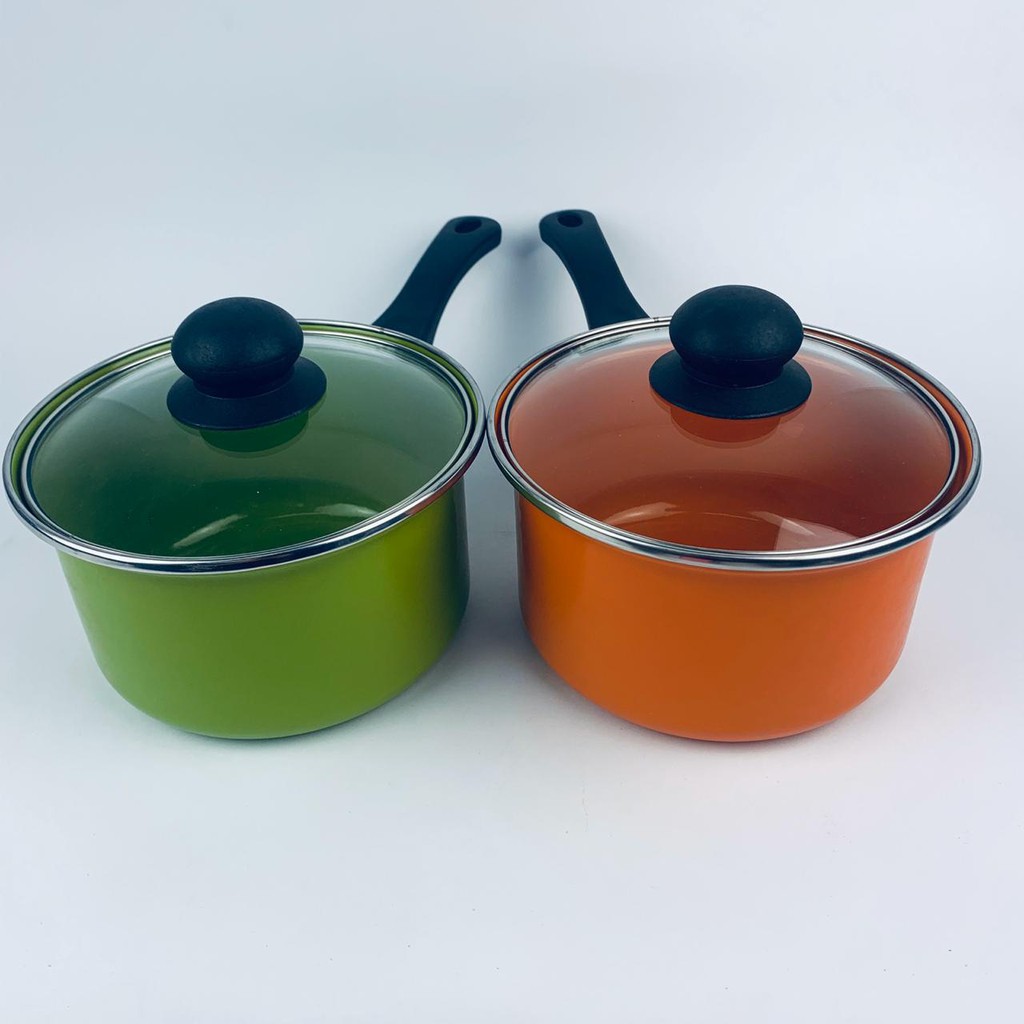 SAUCE PAN/PAN SUSU PANCI GAGANG TUTUP KACA ORANGE/ HIJAU 18CM