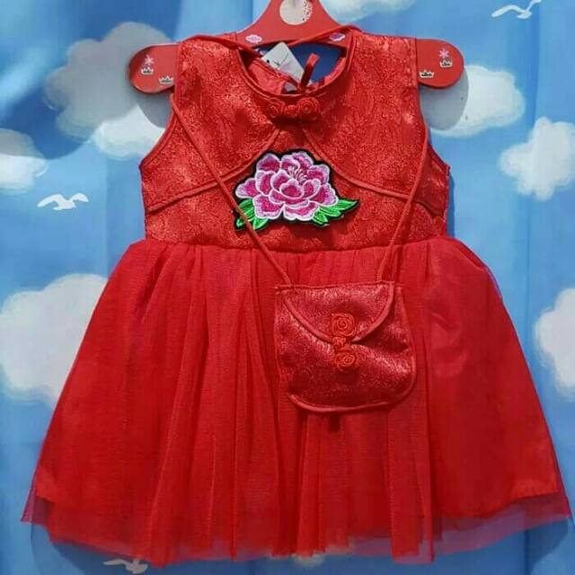 Dress Gaun Pesta Kondangan Anak Bayi Perempuan Merah Set Tas